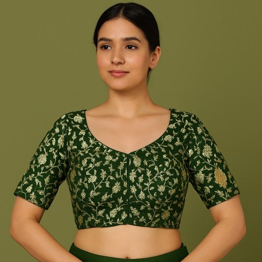 Kundan Hunter Green Color Brocade Blouse with Round Neckline
