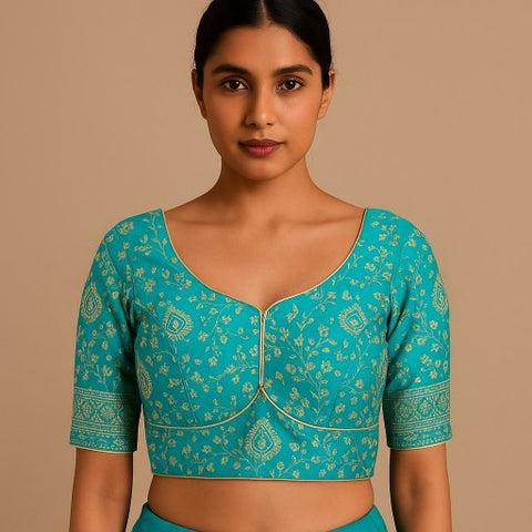 Nupur Dark Sky Blue Color Banarasi Brocade Blouse with Sweetheart Neckline