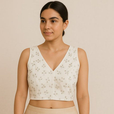 Pushpa Floral Sequin Work Sleeveless White Blouse with V Neckline