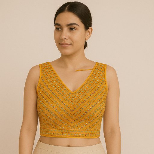 Shangar Mustard Yellow Raw Silk Blouse with Multi-color Embroidery and Sequins Work with V Neckline