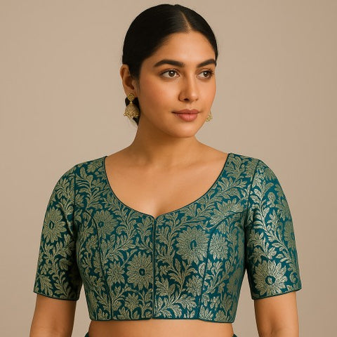 Mizaj Bottle Green Brocade Half Sleeves Blouse with Round Neckline