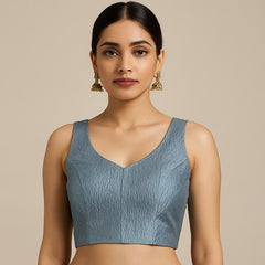 Crushed Base Metallic Ice Blue Color Blouse with Sweetheart Neckline
