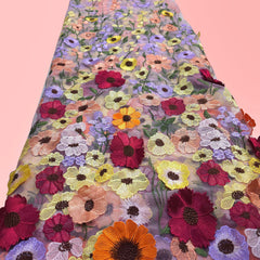 Multicolor Floral Applique Work on Beige Net Fabric