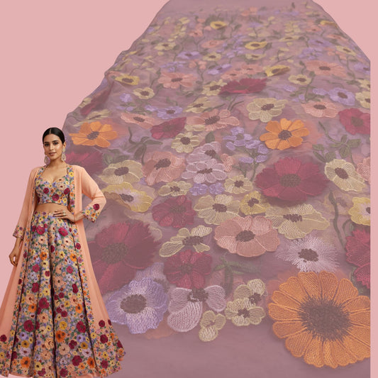 Multicolor Floral Applique Work on Light Pink Net Fabric 1496