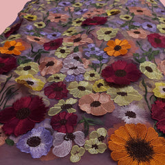Multicolor Floral Applique Work on Light Pink Net Fabric