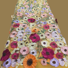 Multicolor Floral Applique Work on Yellow Net Fabric