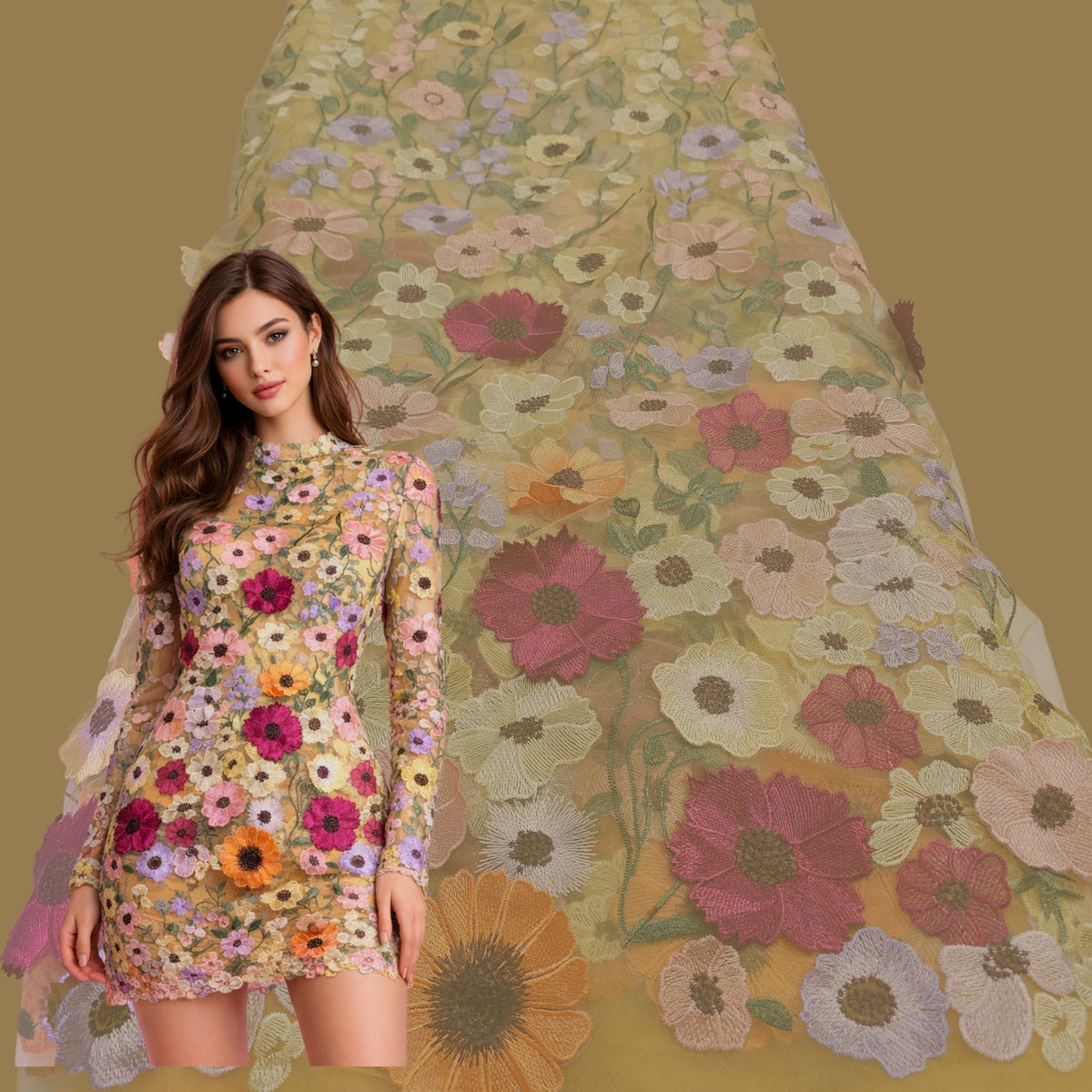 Multicolor Floral Applique Work on Yellow Net Fabric