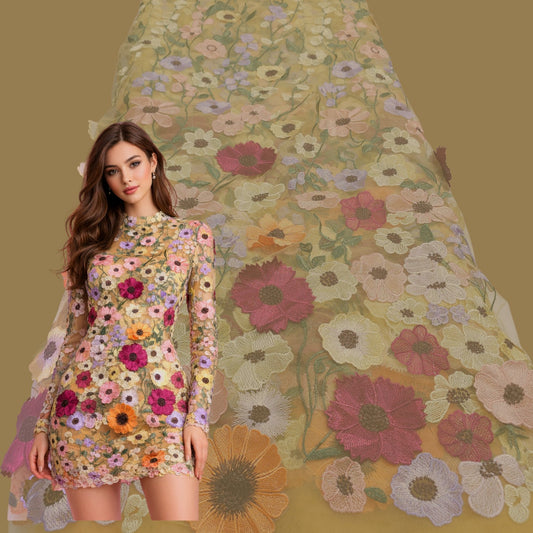 Multicolor Floral Applique Work on Yellow Net Fabric 1496