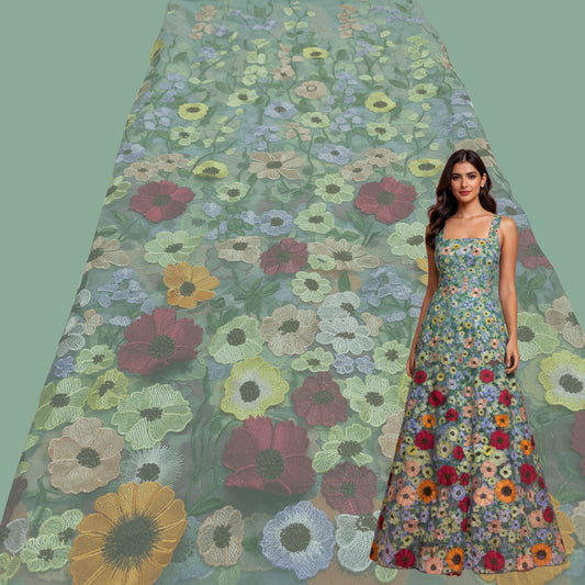 Multicolor Floral Applique Work on Green Net Fabric 1496