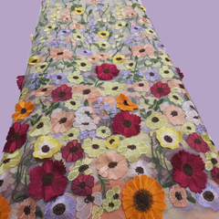 Multicolor Floral Applique Work on Purple Net Fabric