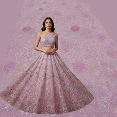 Embroidered Pastel Pink Organza with Floral Applique & Cutdana, Sequin Work