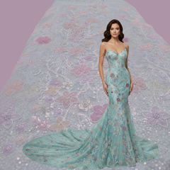 Embroidered Pale Blue Organza with Floral Applique & Cutdana, Sequin Work