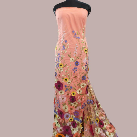 Multicolor Floral Applique Work on Peach Net Fabric