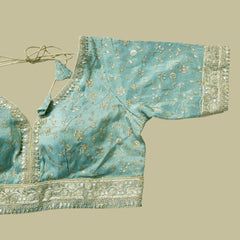 Embroidered Shimmer Sky Blue Blouse with Half Sleeves and Sweetheart Neckline