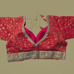 Embroidered Shimmer Pink Blouse with Half Sleeves and Sweetheart Neckline