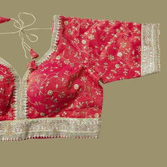 Embroidered Shimmer Pink Blouse with Half Sleeves and Sweetheart Neckline