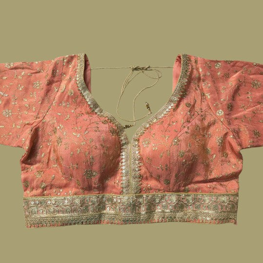 Embroidered Shimmer Pastel Orange Blouse with Half Sleeves and Sweetheart Neckline