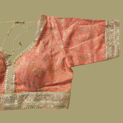 Embroidered Shimmer Pastel Orange Blouse with Half Sleeves and Sweetheart Neckline