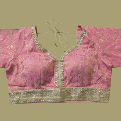 Embroidered Shimmer Salmon Pink Blouse with Half Sleeves and Sweetheart Neckline