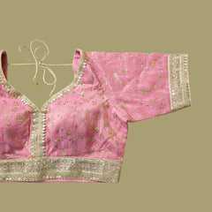 Embroidered Shimmer Salmon Pink Blouse with Half Sleeves and Sweetheart Neckline