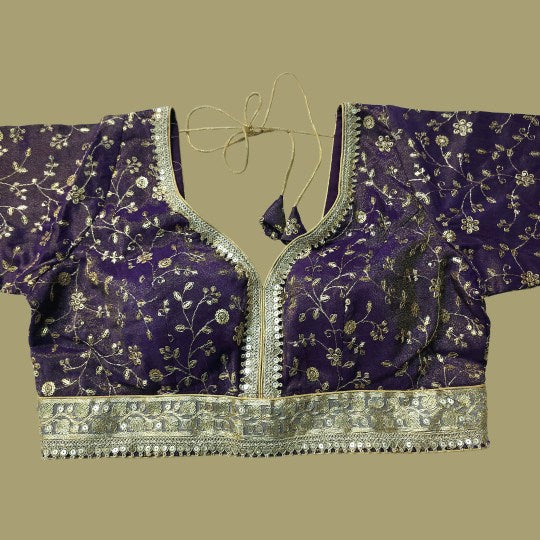 Embroidered Shimmer Purple Blouse with Half Sleeves and Sweetheart Neckline
