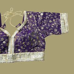 Embroidered Shimmer Purple Blouse with Half Sleeves and Sweetheart Neckline