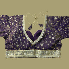 Embroidered Shimmer Purple Blouse with Half Sleeves and Sweetheart Neckline