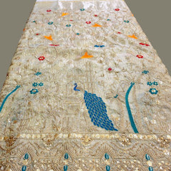 Embroidered Dual Tone Dyeable Shimmer Tissue with Peacock Motifs