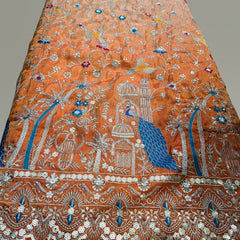 Embroidered Dual Tone Orange Shimmer Tissue with Peacock Motifs