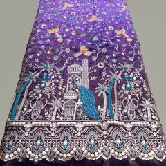 Embroidered Dual Tone Purple Shimmer Tissue with Peacock Motifs