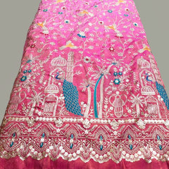 Embroidered Dual Tone Pink Shimmer Tissue with Peacock Motifs