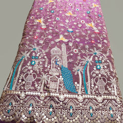 Embroidered Dual Tone Wine Shimmer Tissue with Peacock Motifs