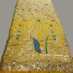 Embroidered Dual Tone Yellow Shimmer Tissue with Peacock Motifs