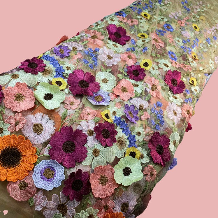 Multicolor Floral Applique Work on Light Peach Net Fabric