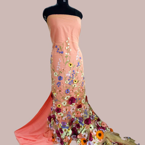 Multicolor Floral Applique Work on Light Peach Net Fabric