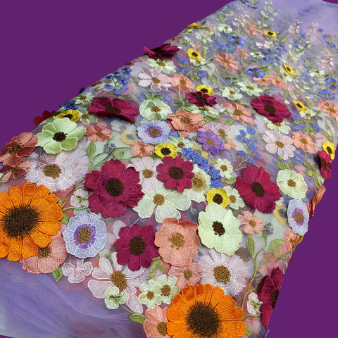Multicolor Floral Applique Work on Lilac Net Fabric