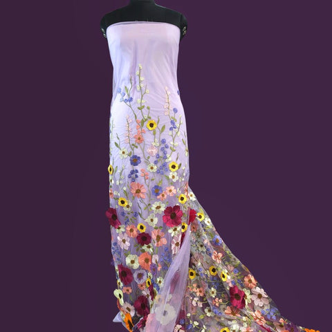 Multicolor Floral Applique Work on Lilac Net Fabric
