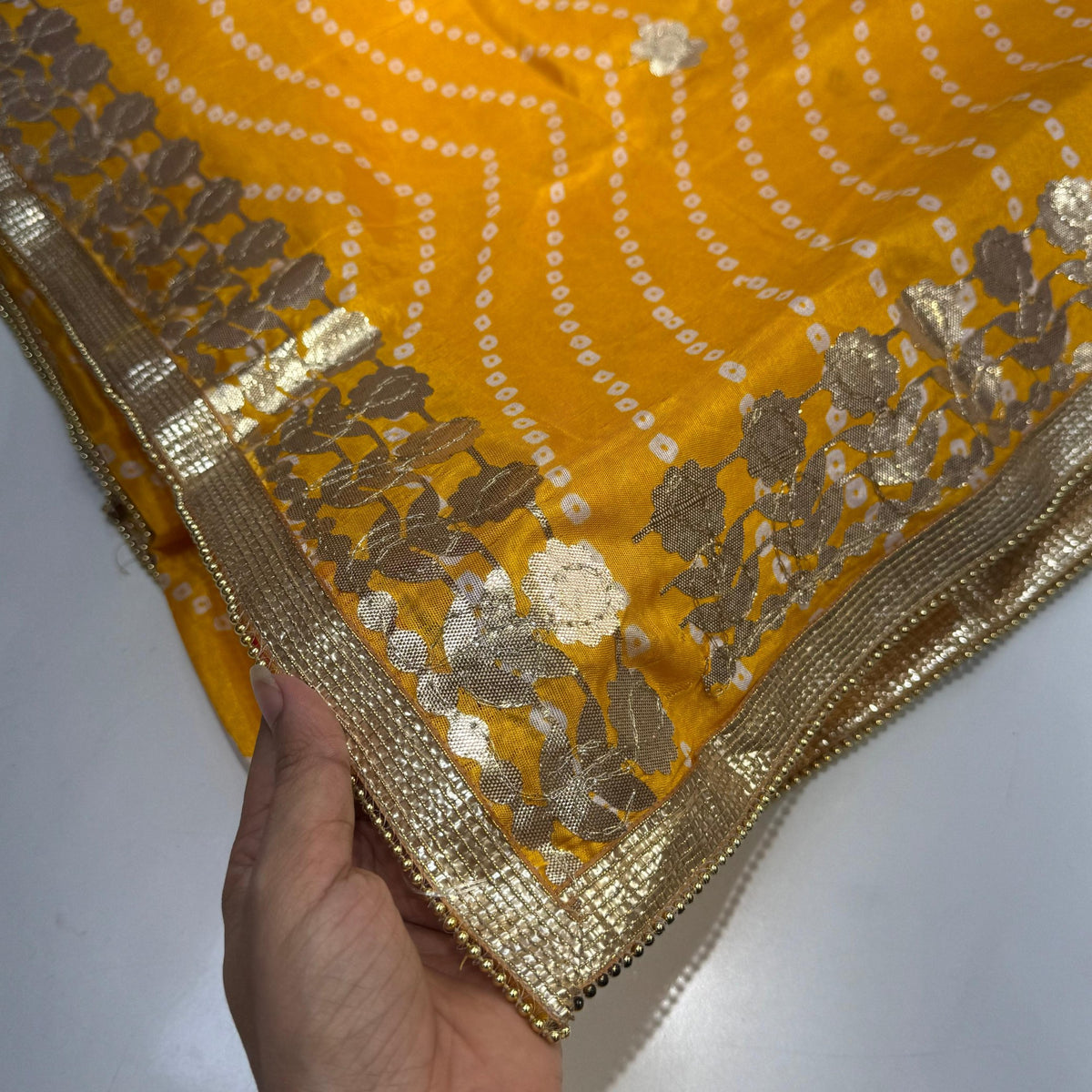 Printed Bandhani Yellow Dupatta with Gota Patti Border