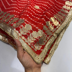 Printed Bandhani Cherry Deep Red Dupatta with Gota Patti Border