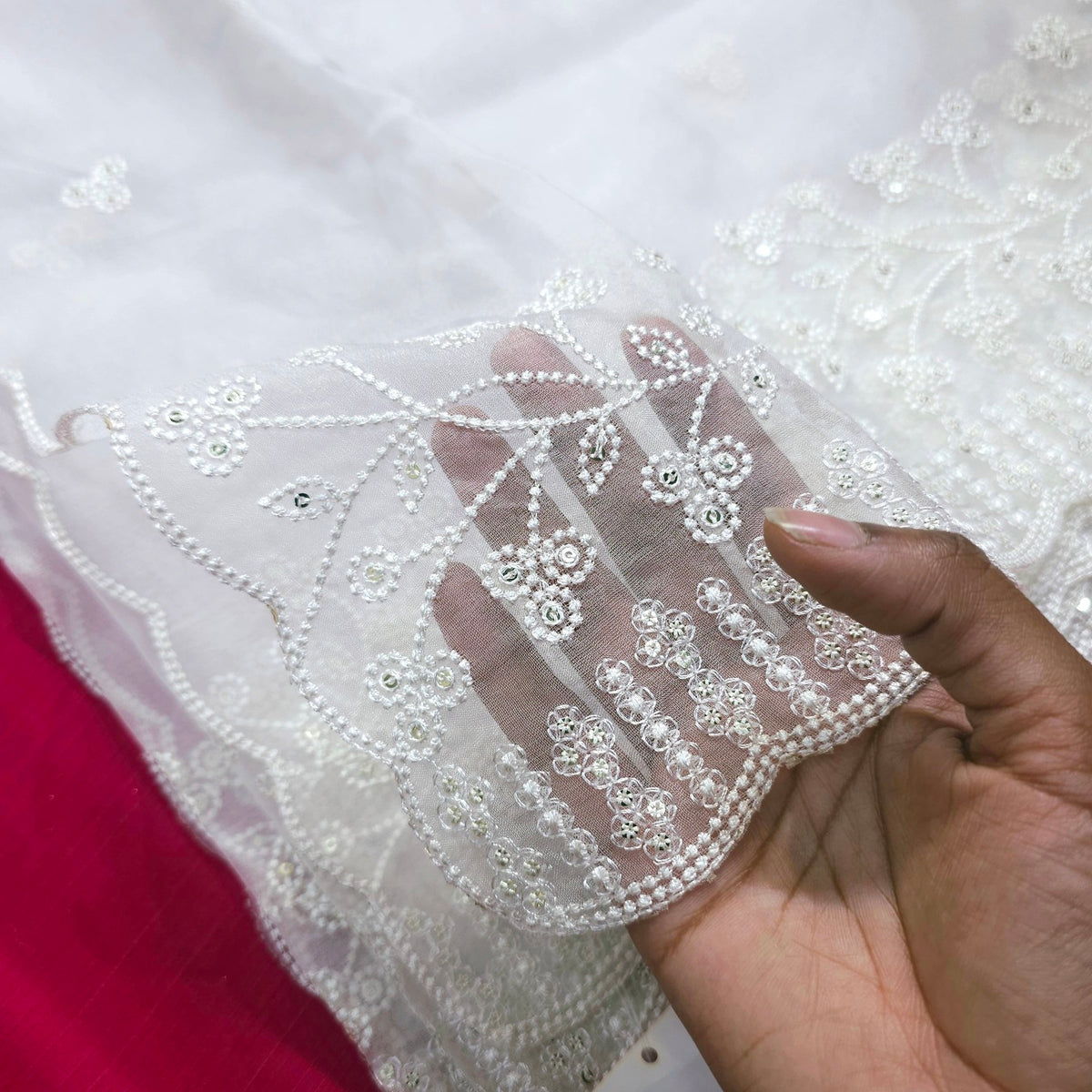 Dyeable Organza Dupatta with Butta & Floral White Resham Thread work on Border