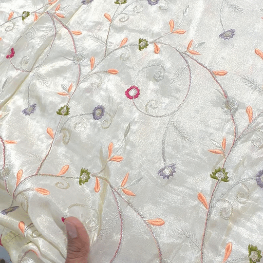 Embroidered Dyeable Shimmer Tissue Fabric with Small Multicolor Floral Threadwork