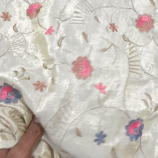 Embroidered Dyeable Shimmer Tissue Fabric with Multicolor Floral Threadwork
