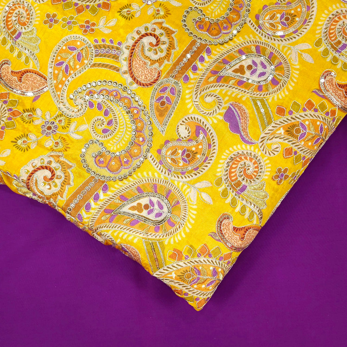 Mehraab Yellow Crepe with Embroidered Multicolor Paisely Motifs