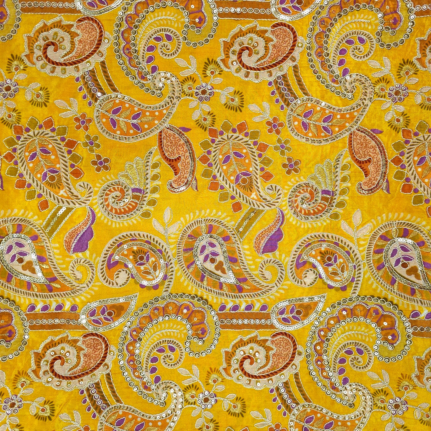 Mehraab Yellow Crepe with Embroidered Multicolor Paisely Motifs