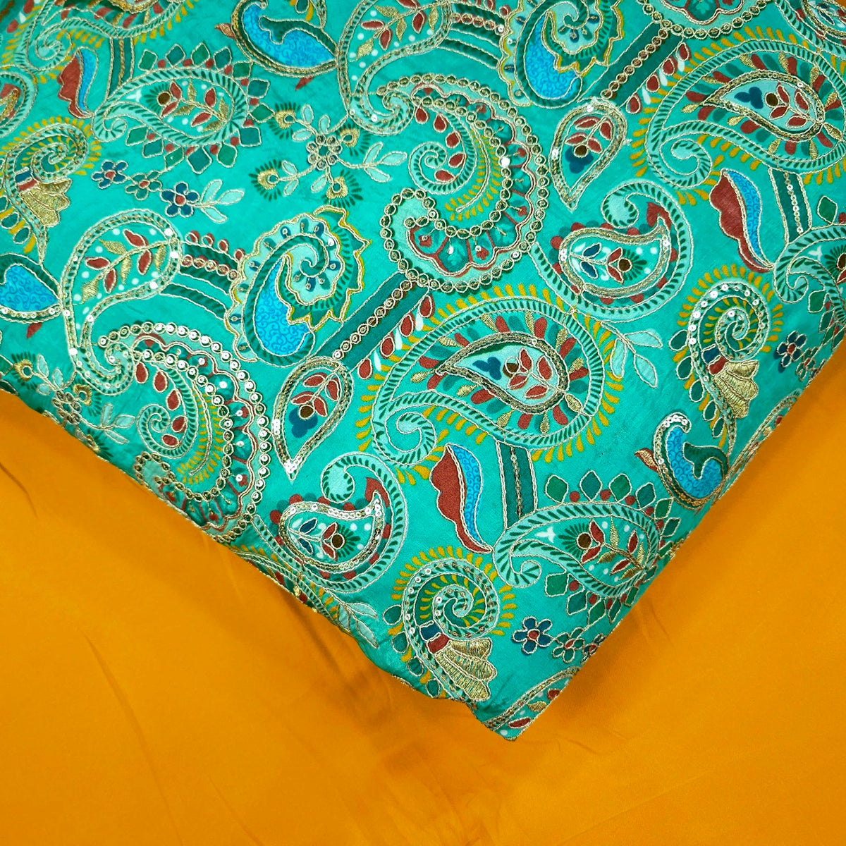 Mehraab Sea Green Crepe with Embroidered Multicolor Paisely Motifs