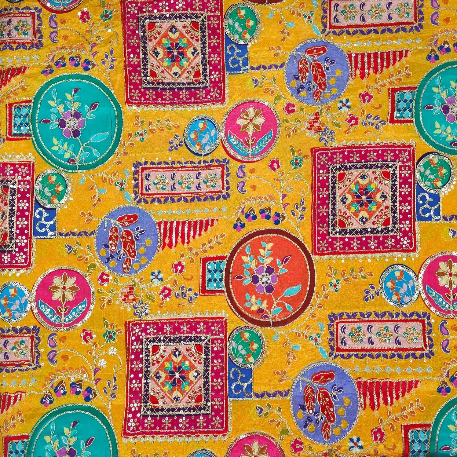 Tarkashi Mustard Base Crepe with Multicolor Floral Embroidered Motifs