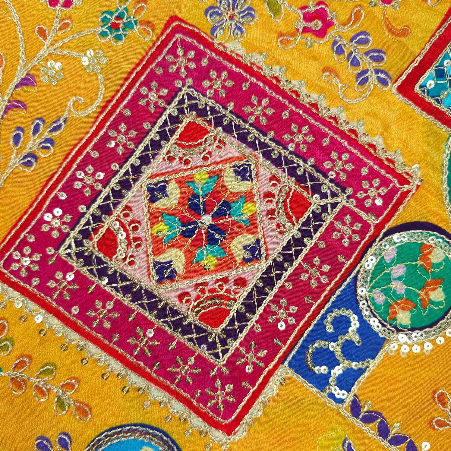 Tarkashi Mustard Base Crepe with Multicolor Floral Embroidered Motifs