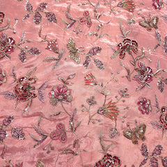 Mehraab Coral Pink Color on Crepe with Embroidered Multicolor Floral & Butterfly Motifs