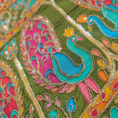 Tarkashi Moss Green Crepe Fabric Embroidered with Floral & Peacock Border