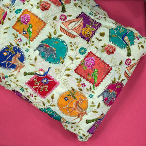 Tarkashi Off  White Base Crepe with Multicolor Animal & Floral Embroidered Motifs